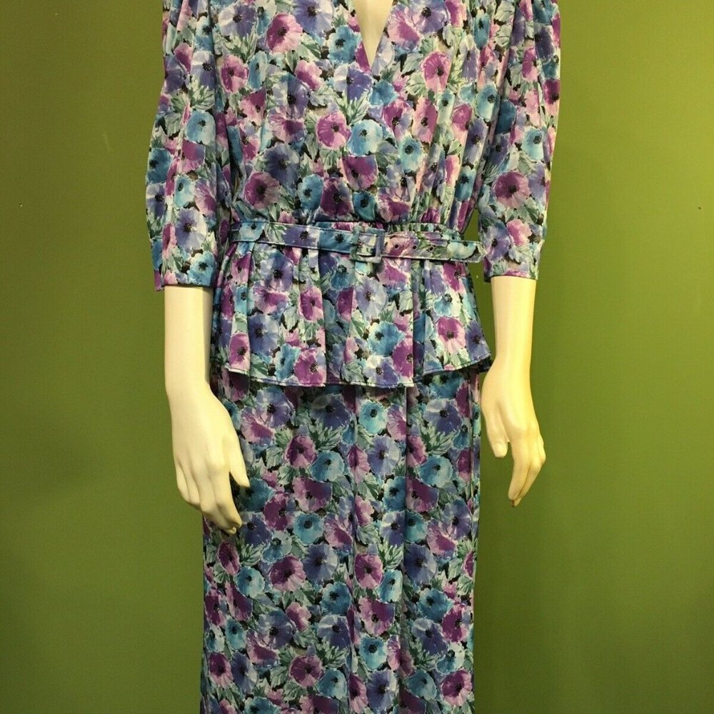 Whirlaway Indigo Blue Floral Wmns Dress Vtg k169
